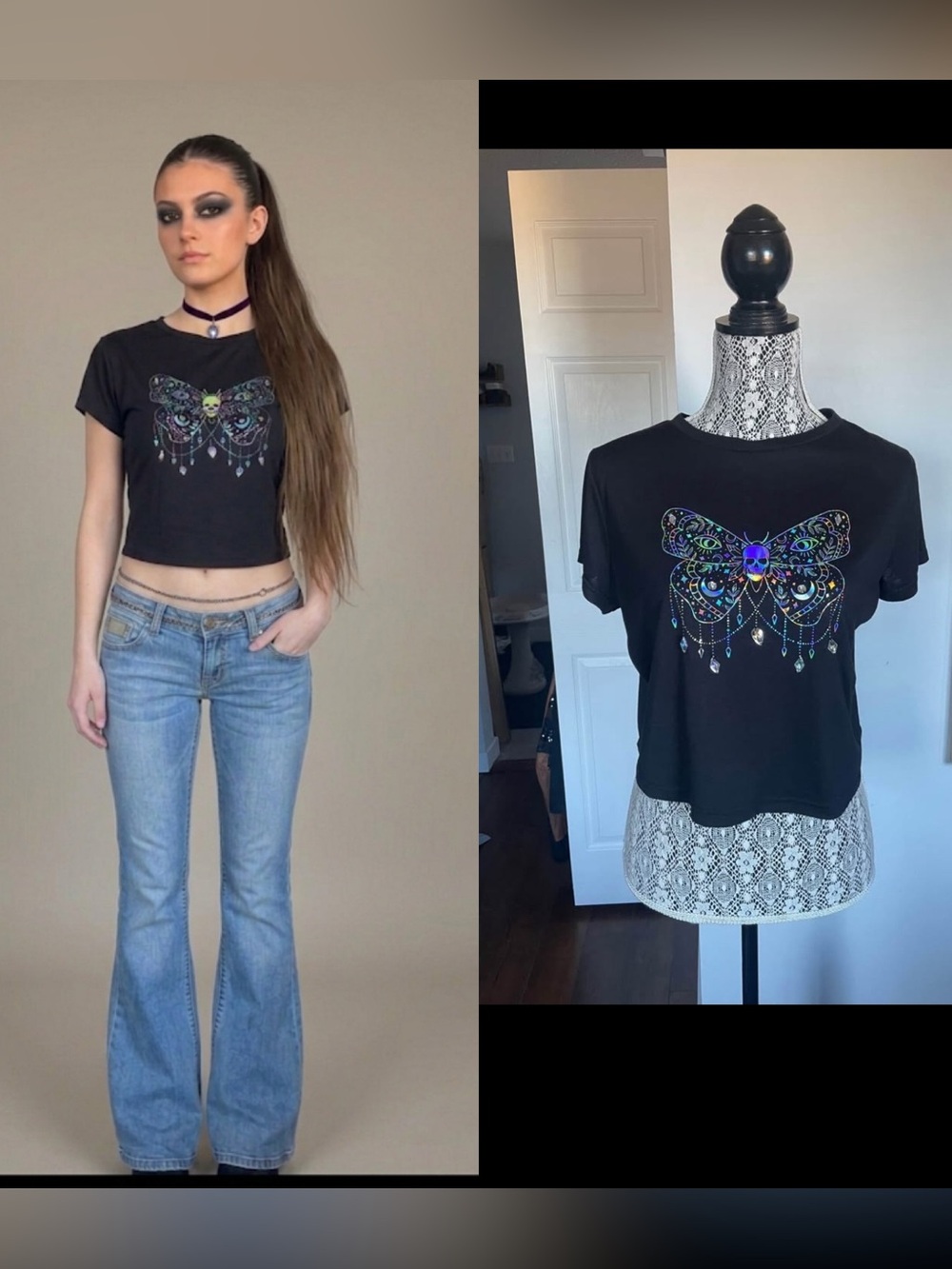Vintage Y2K Iridescent Butterfly Skull Slight Crop T-Shirt Top Tag Says One Size